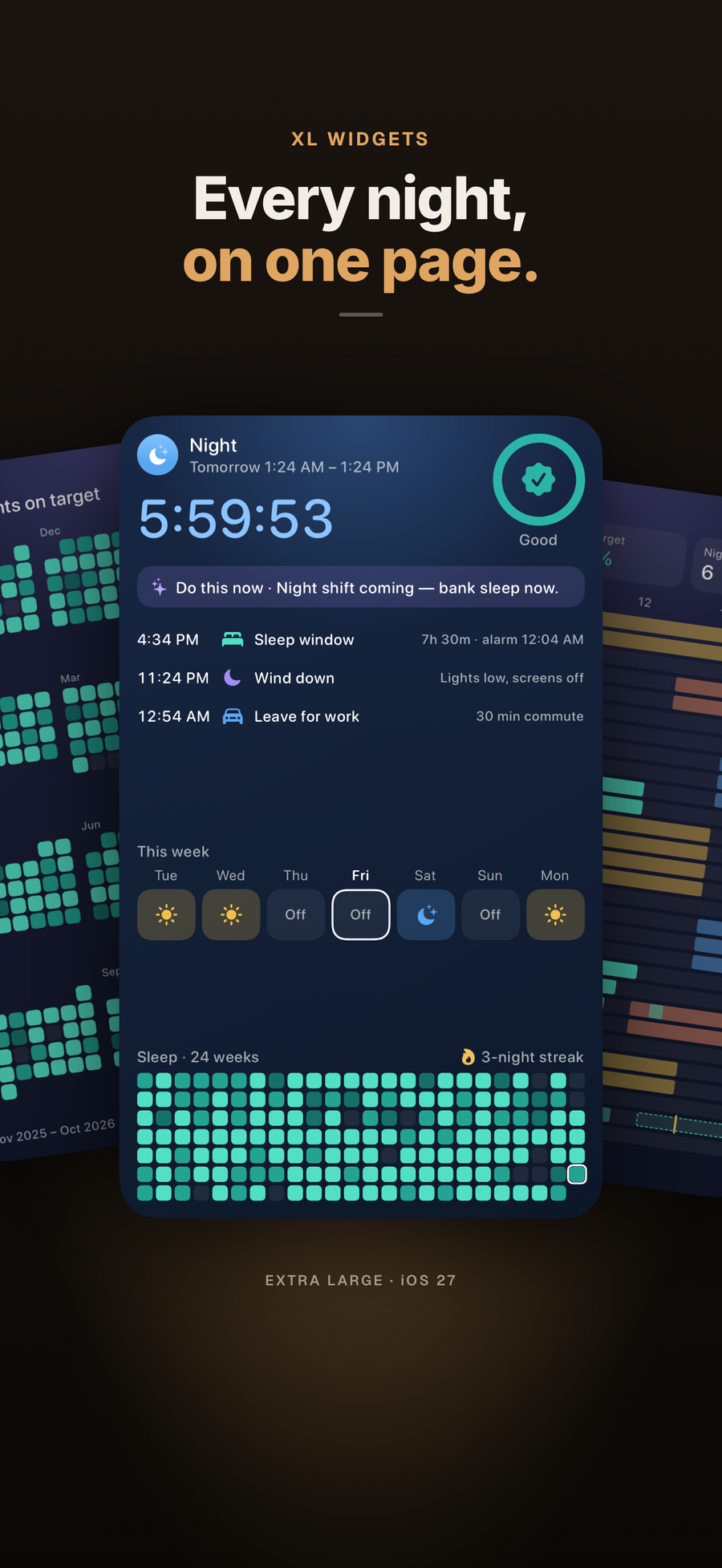 Extragroßes AfterShift-Widget mit Countdown bis zur Nachtschicht und Schlaf-Heatmap auf einer Seite