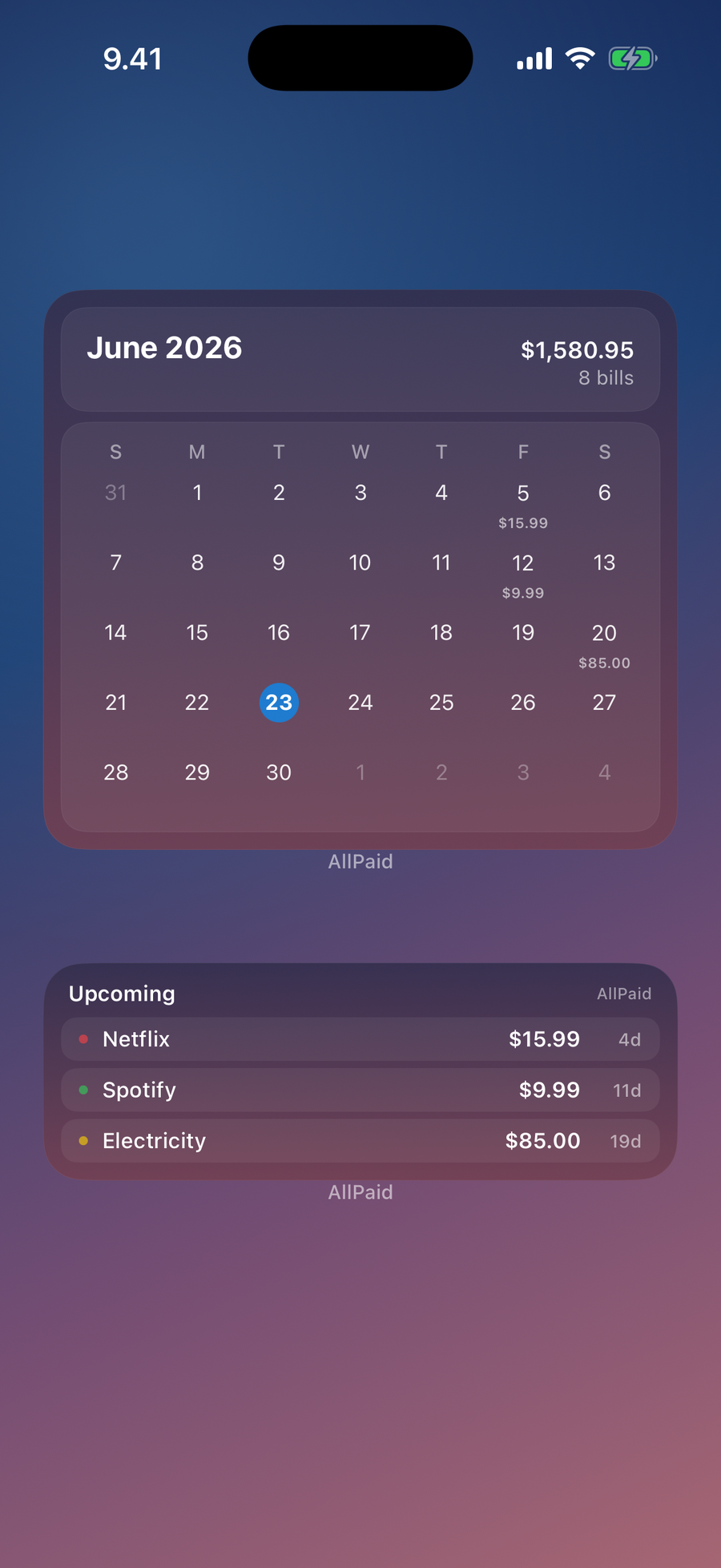 AllPaid-Widgets auf dem Home-Bildschirm mit Monatskalender und anstehenden Rechnungen