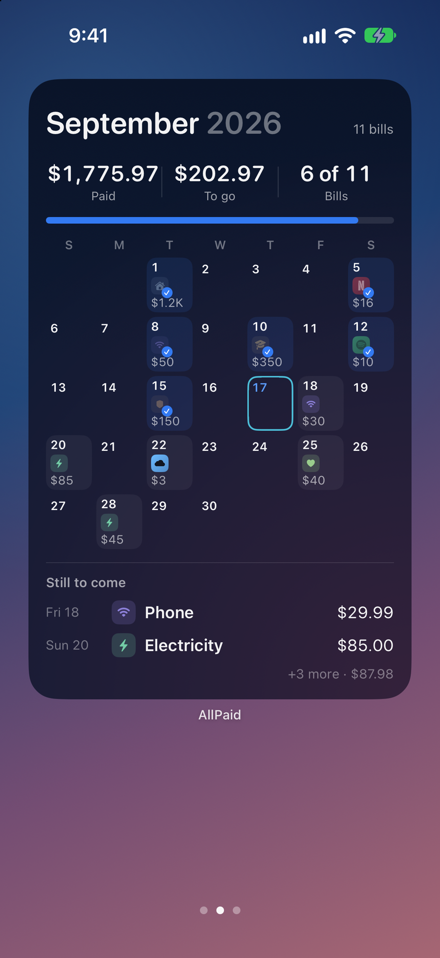 Extragroßes AllPaid-Kalender-Widget mit den Rechnungen eines Monats