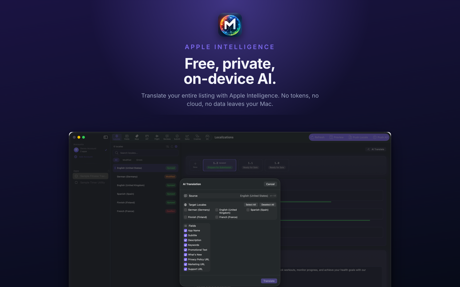 KI-Übersetzung von App-Metadaten in andere Sprachen in AppMeta auf dem Mac
