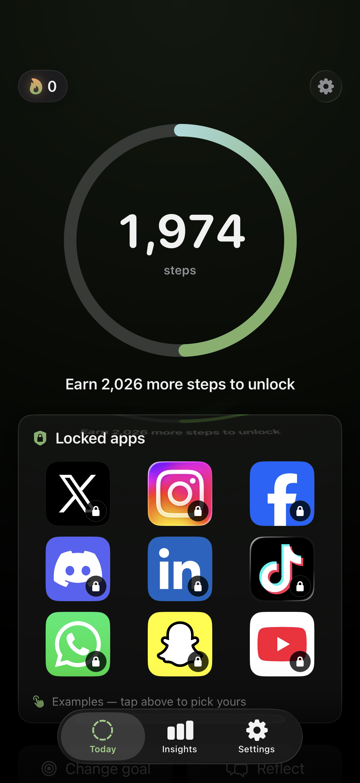 EarnLock home screen on iPhone — large progress ring at 1,974 steps with