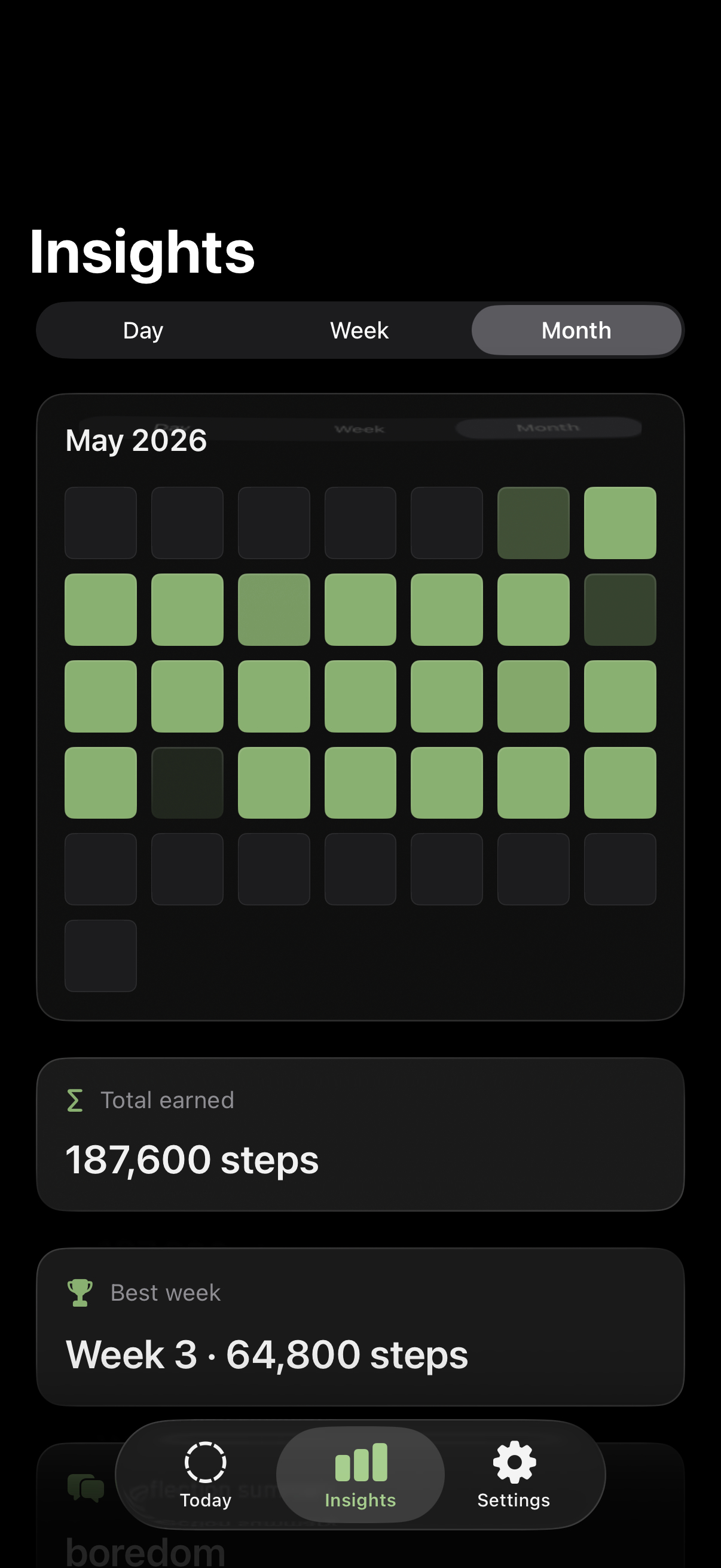 EarnLock Insights screen on iPhone — Month tab selected, May 2026 calendar heatmap of goal-met days, Total earned 187,600 steps, Best week (Week 3) at 64,800 steps