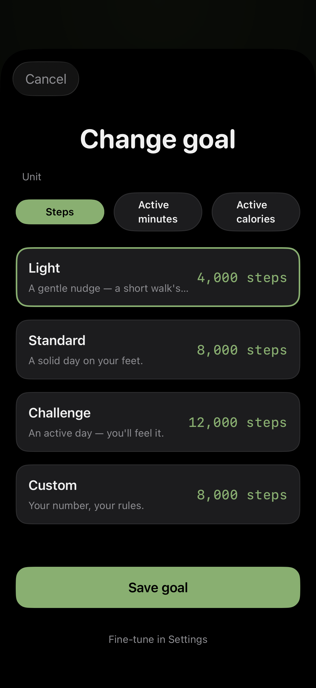 EarnLock Change goal sheet on iPhone — unit picker with Steps selected (Active minutes and Active calories also available), preset cards for Light 4,000 steps, Standard 8,000 steps, Challenge 12,000 steps, and a Custom 8,000 steps option, with a Save goal button