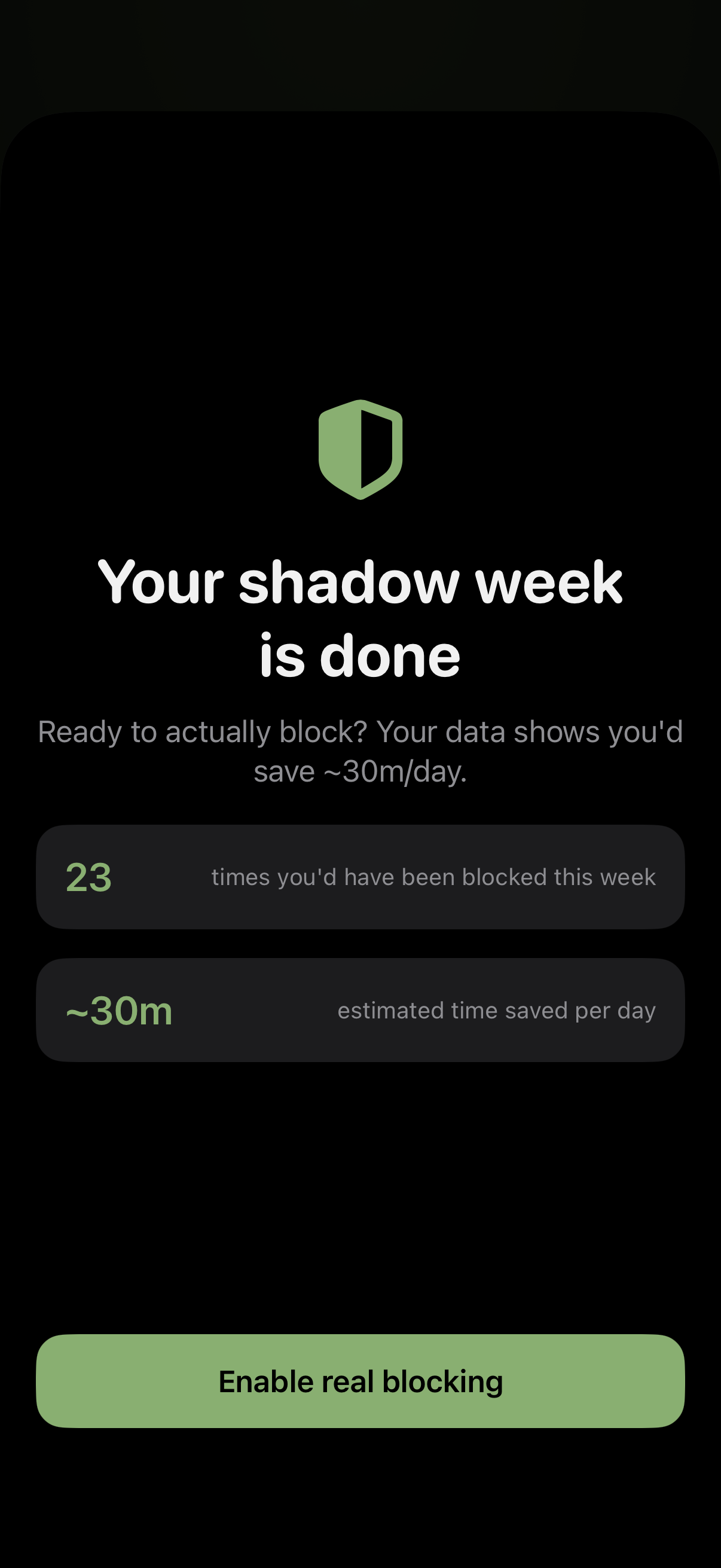EarnLock Shadow Week graduation screen on iPhone —