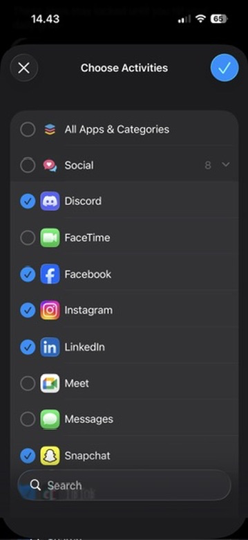 EarnLock Choose Activities picker on iPhone — Apple's Family Controls list with Discord, Facebook, Instagram, LinkedIn, and Snapchat selected, plus All Apps & Categories and Social grouped at the top