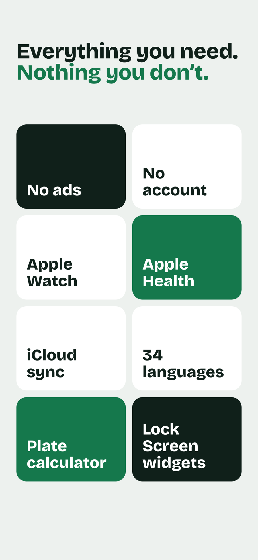 GymLogger X Funktionsübersicht: keine Werbung, kein Konto, Apple Watch, iCloud-Synchronisierung und 34 Sprachen