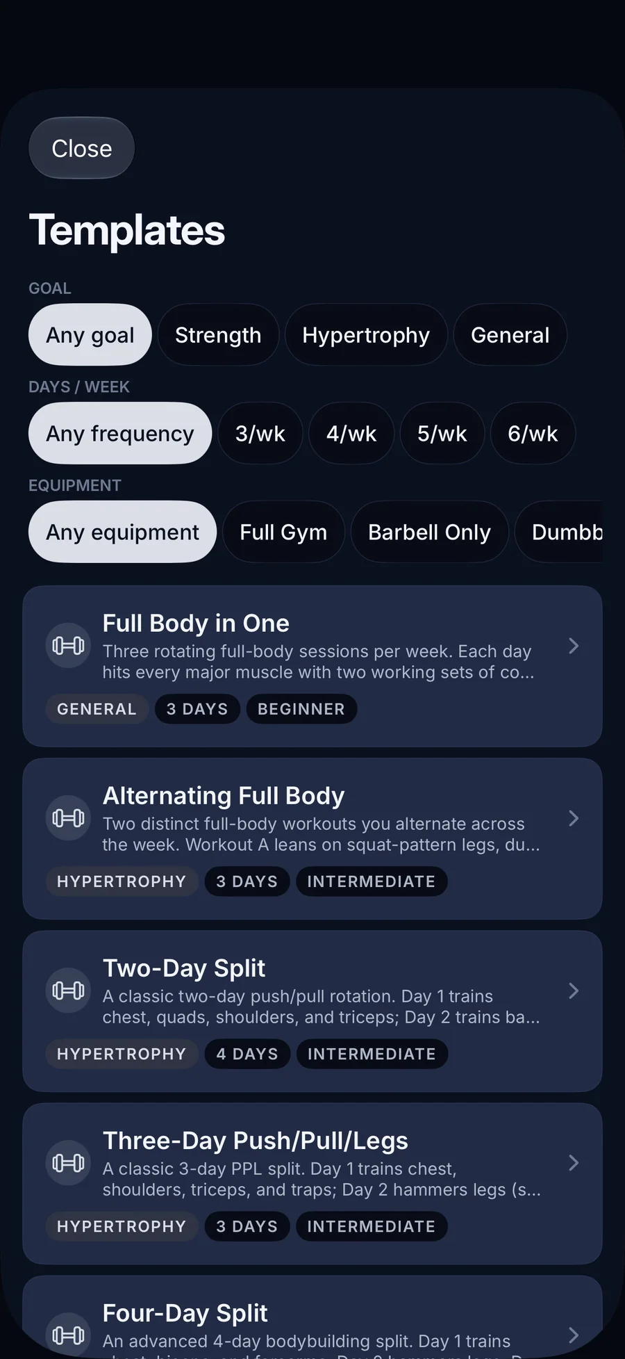 LiftLog templates catalog with goal and frequency filters