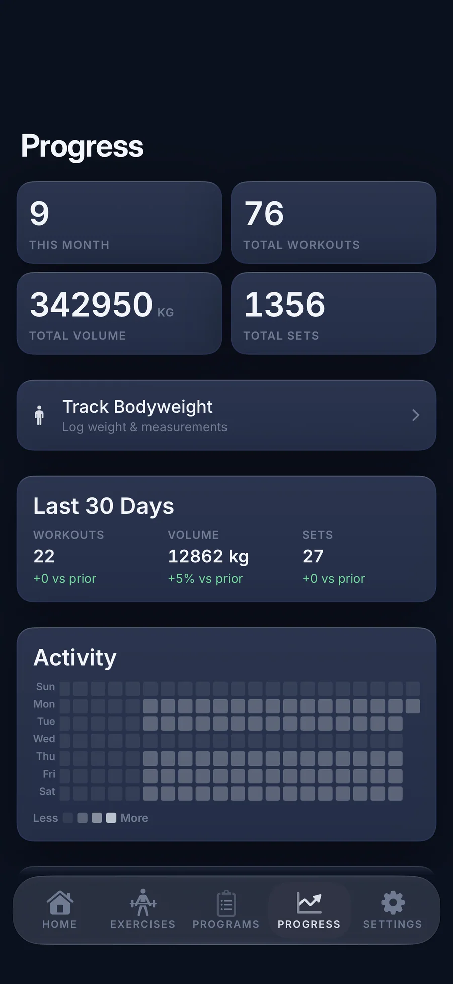 LiftLog active workout logging weight and reps for each set
