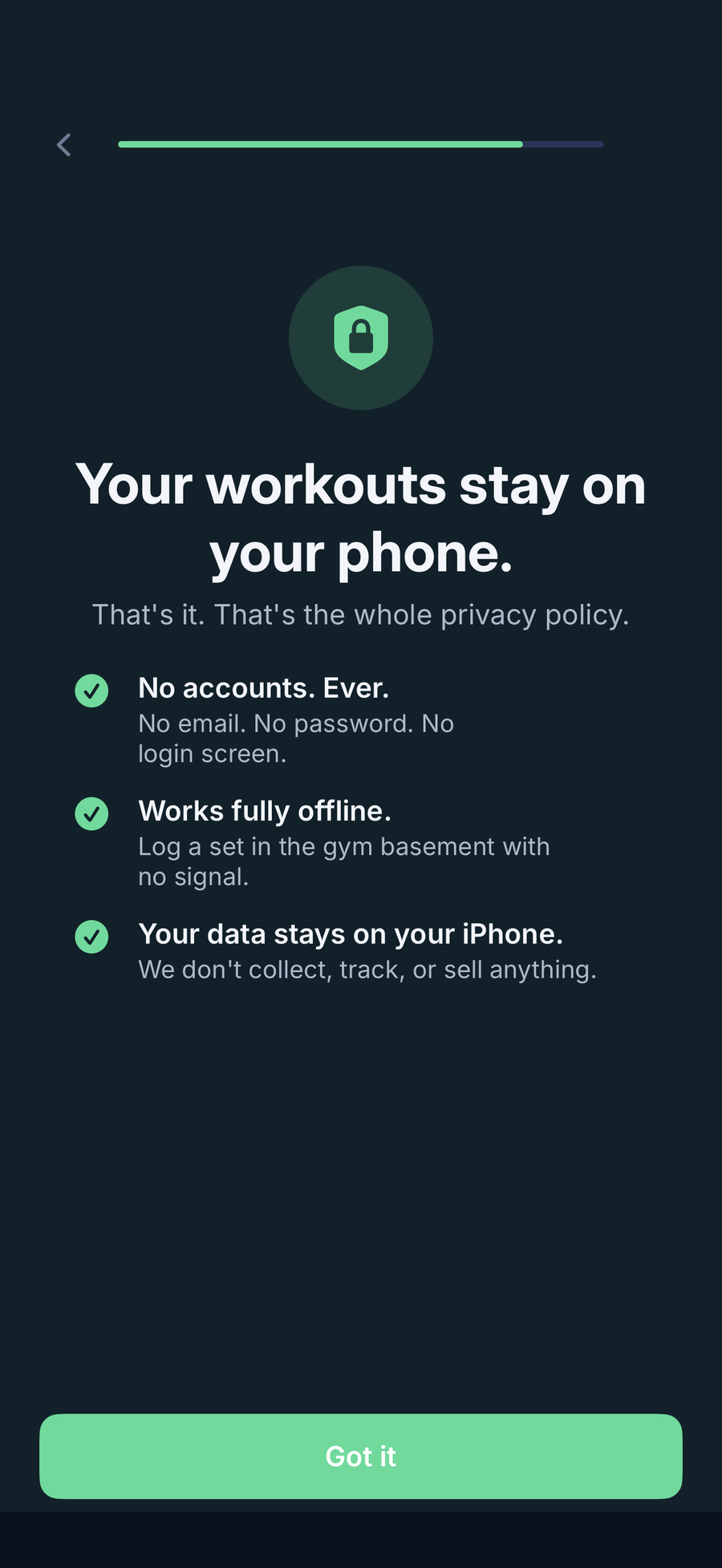 LiftLog-Datenschutzseite: Workouts bleiben auf deinem iPhone, kein Konto nötig
