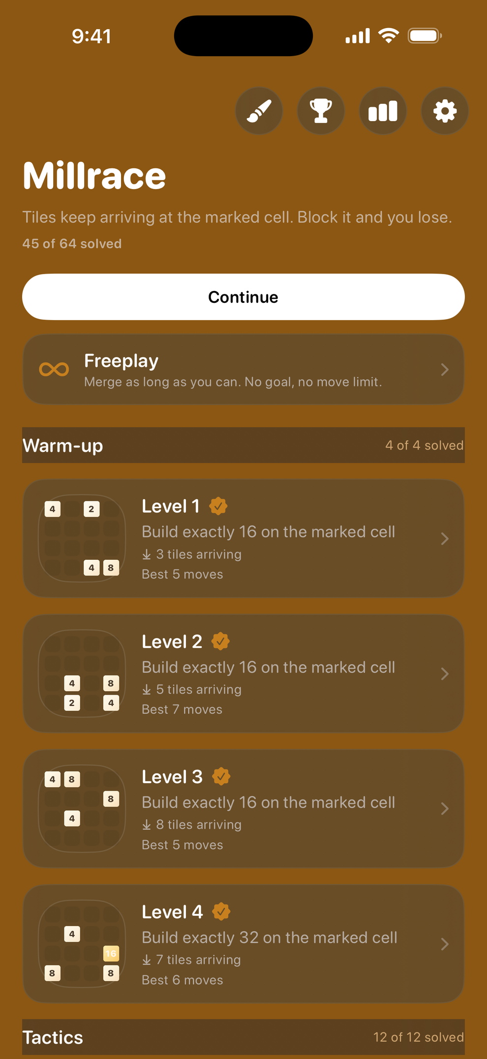 The campaign is the front door: six chapters, progress per chapter, Freeplay one tap away.