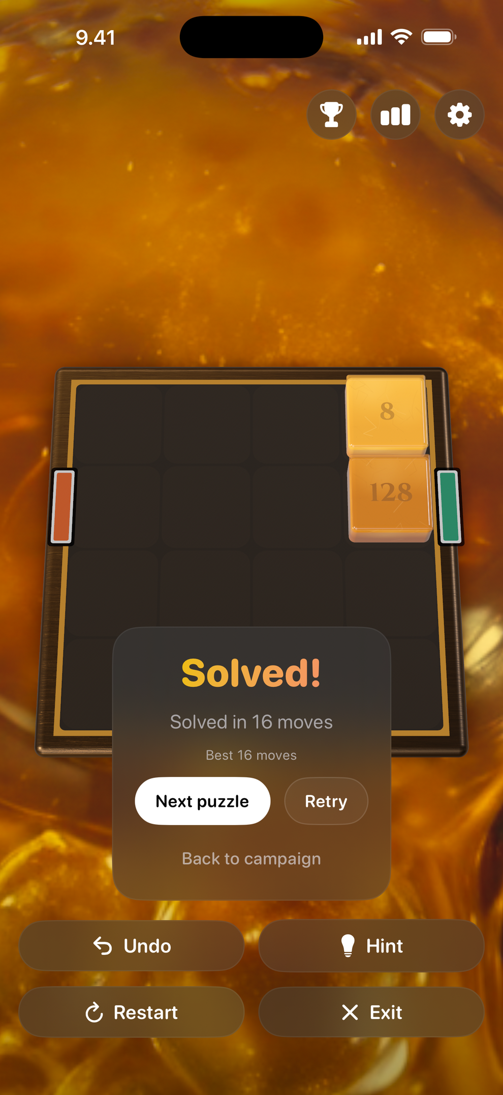 Solved — your move count, your best, and the shortest solution when you missed it.