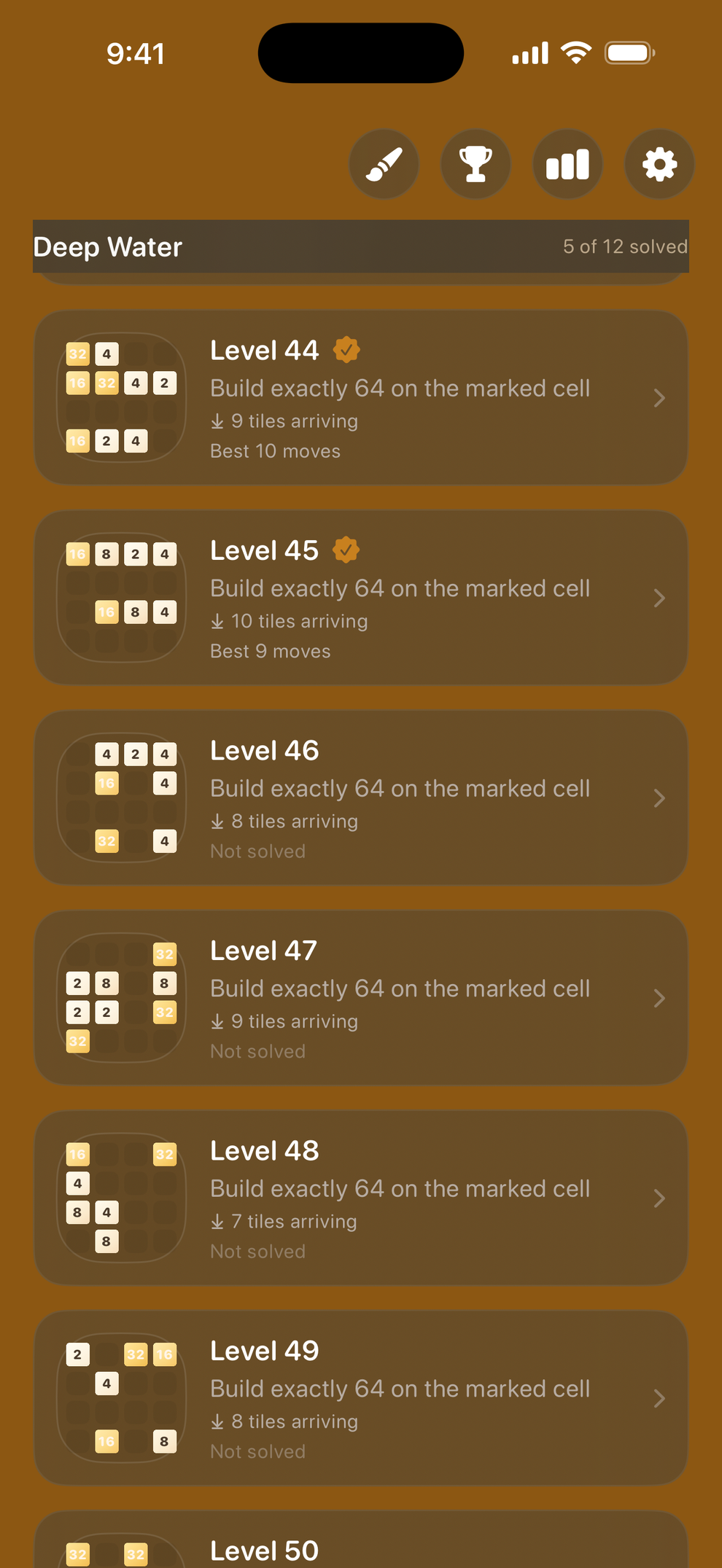 Deep Water: every level shows how many tiles will arrive and your best solve.