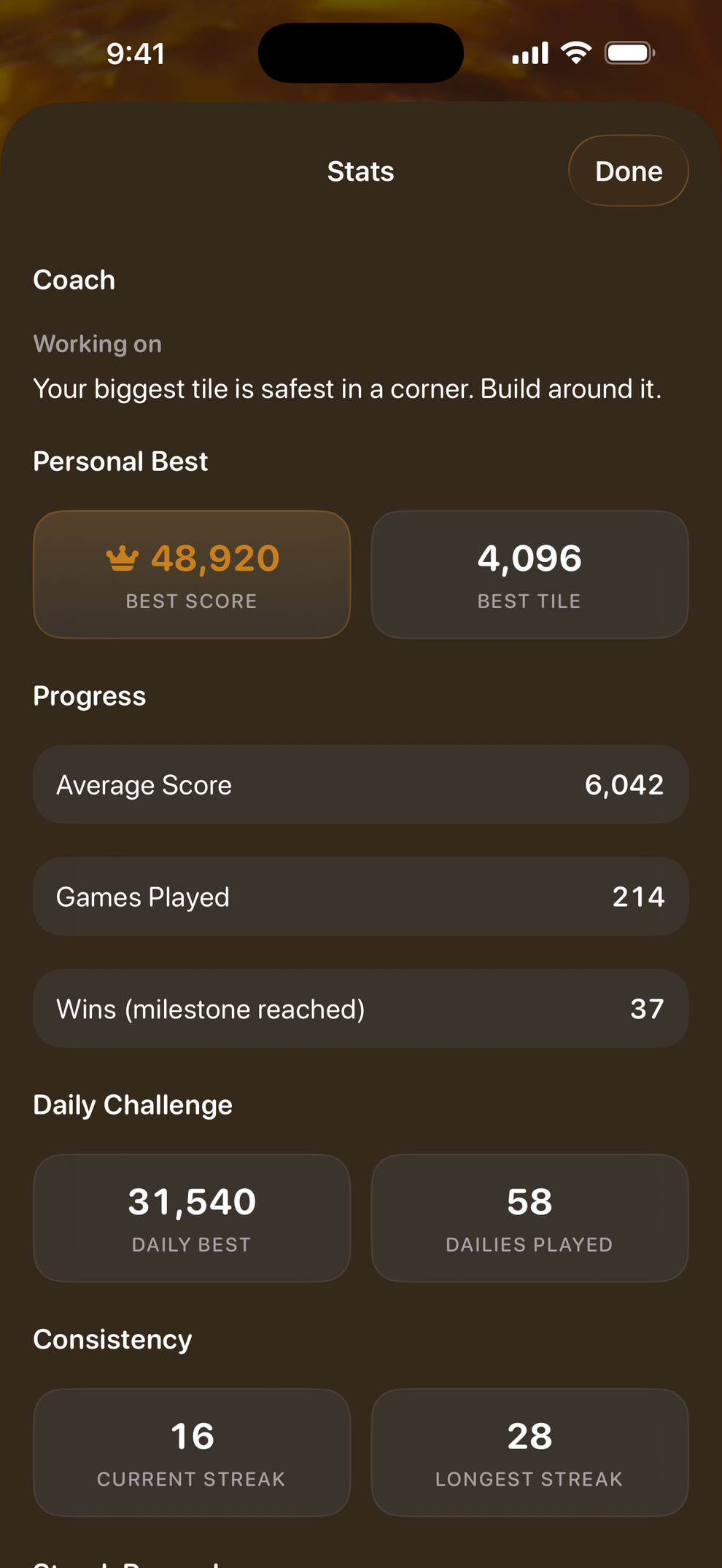 Stats — the lesson you are working on, personal bests, daily results and streaks.