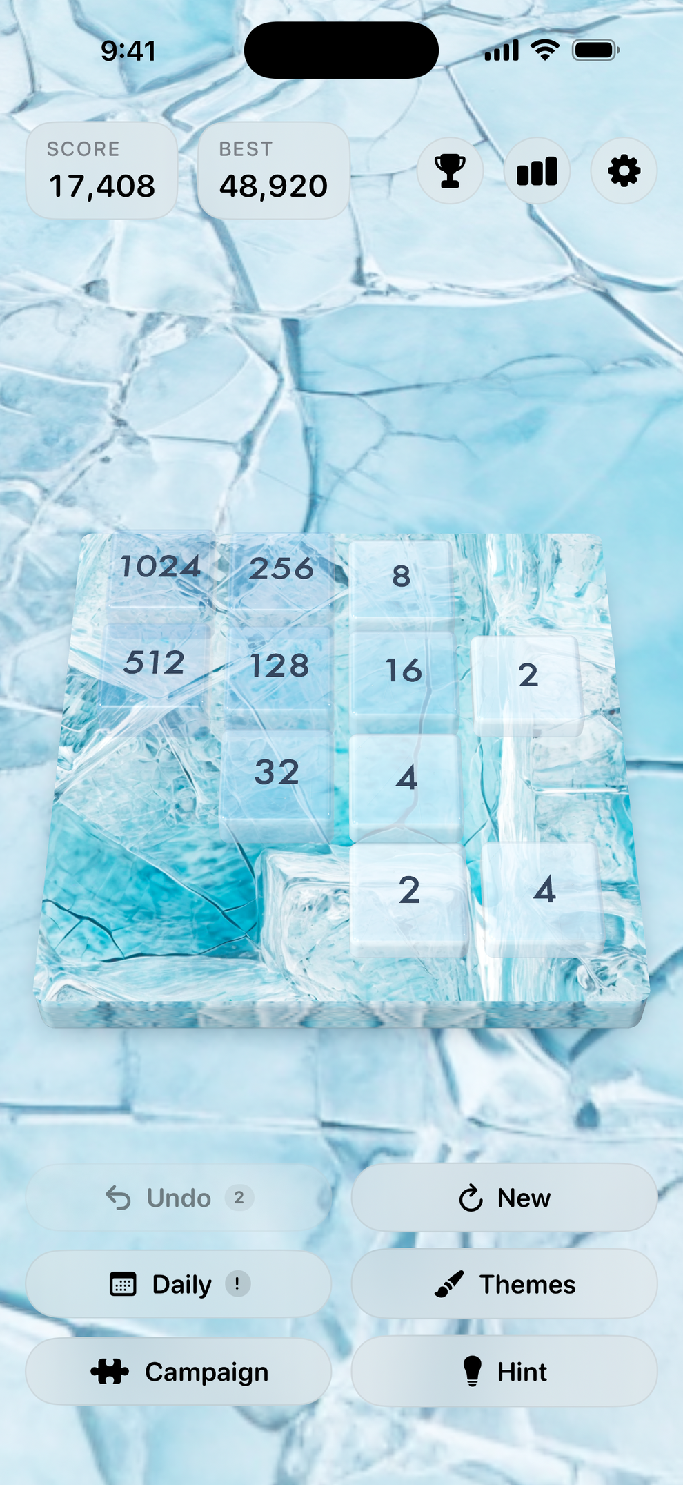 Glacier Ice — one of 17 themes on a real 3D board you can tilt.