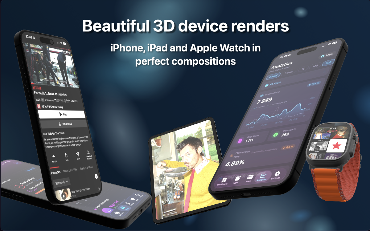Mockly's 3D Metal renderer composing a real device frame on Mac.