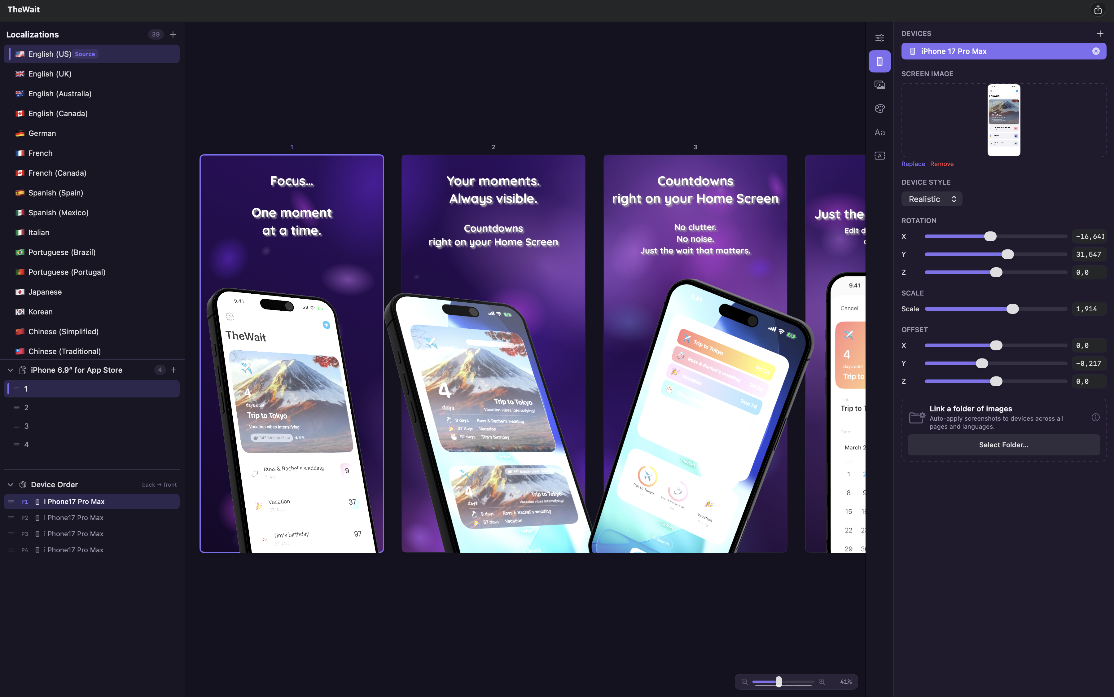 AI translation pass localising overlaid text in-place across 39 App Store locales.