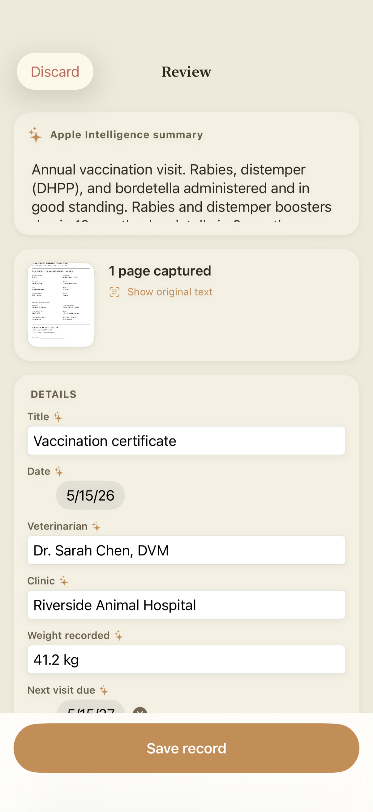 Pawza AI document scanning — a vet vaccination certificate photographed and the extracted vaccine, date, and clinic ready to confirm