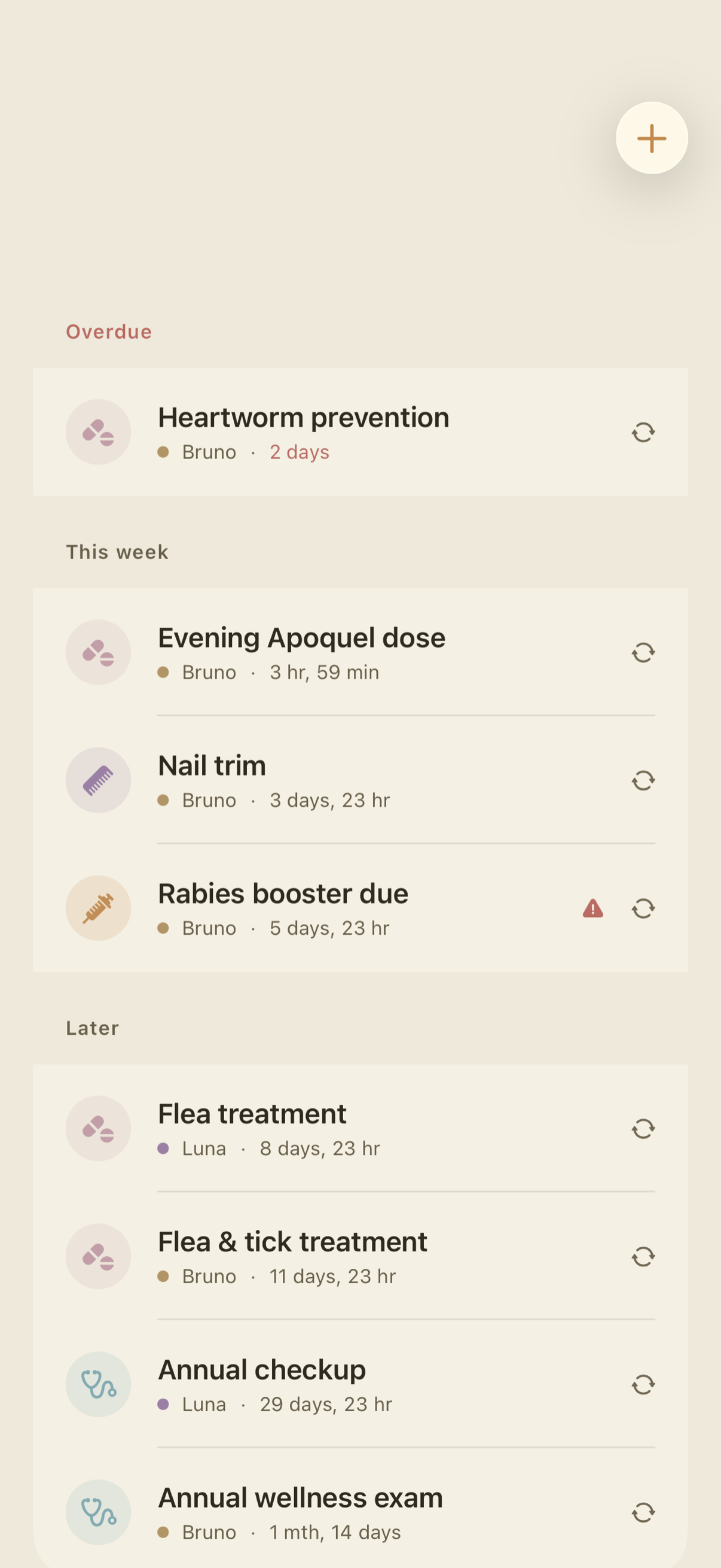 Pawza reminders screen listing upcoming shots, medication doses, and a checkup, each scheduled ahead of its due date