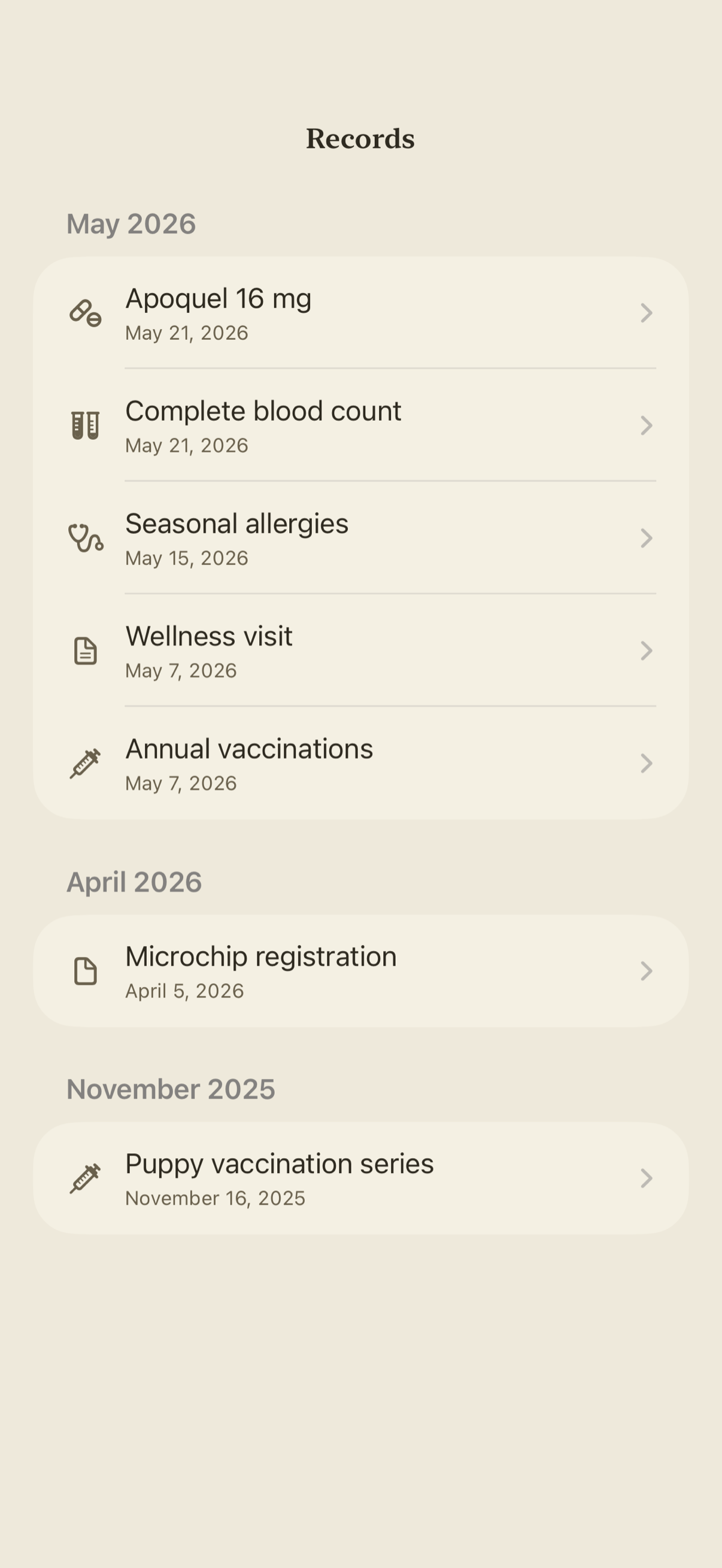 Pawza health records timeline with vaccinations, medications, lab results, and vet visit notes for a pet