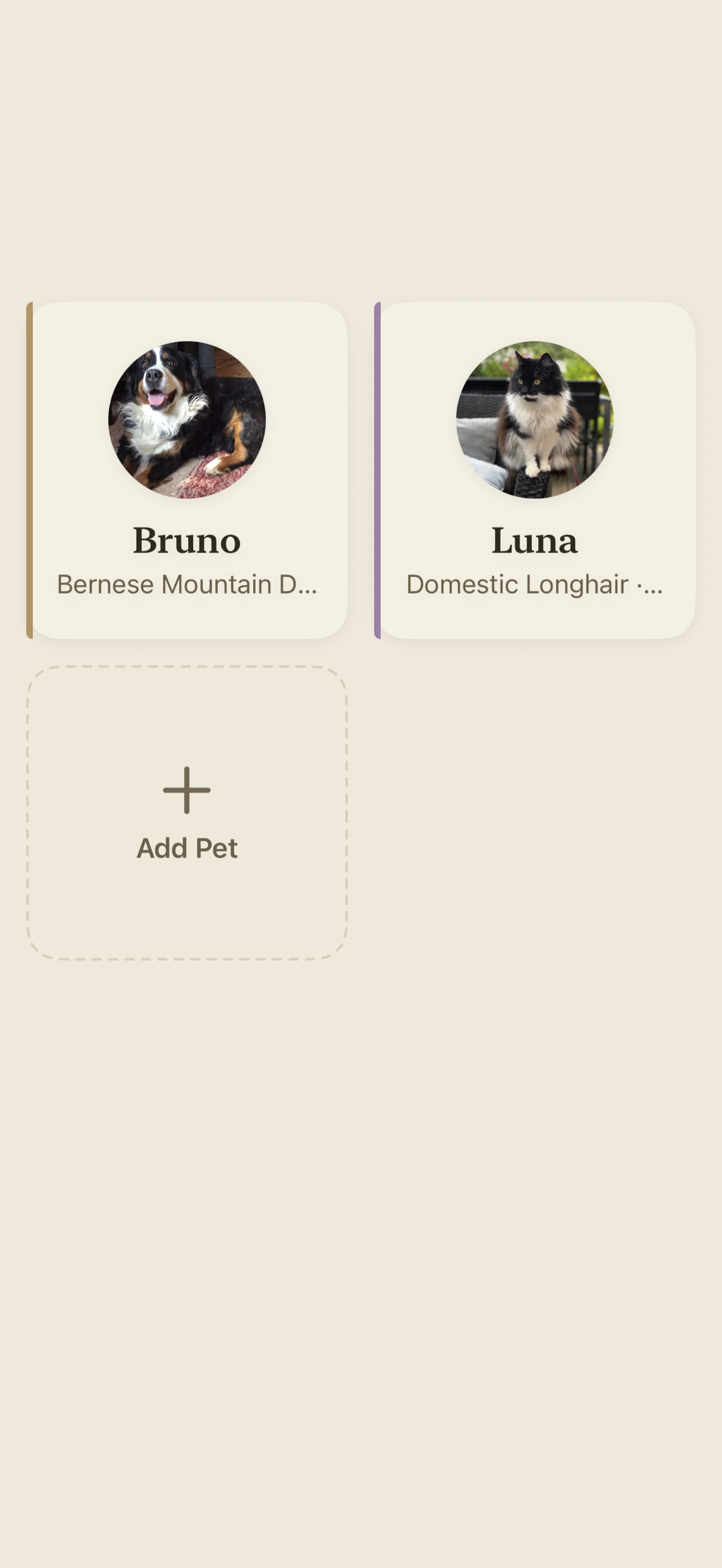 Pawza multi-pet view showing several dog and cat profiles managed together in one app