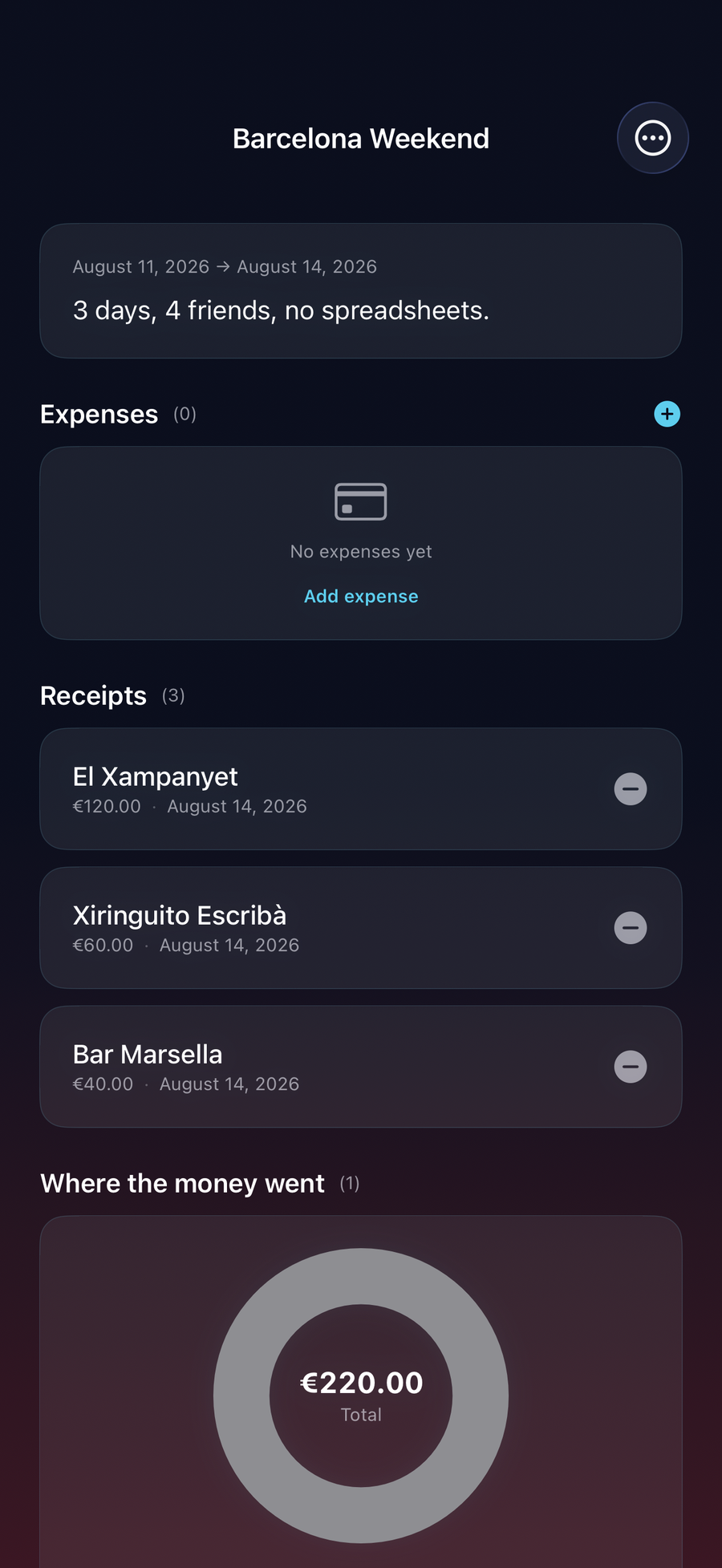 RightSplit-Reisedetails mit Ausgaben, Belegen und der Übersicht, wohin das Geld ging