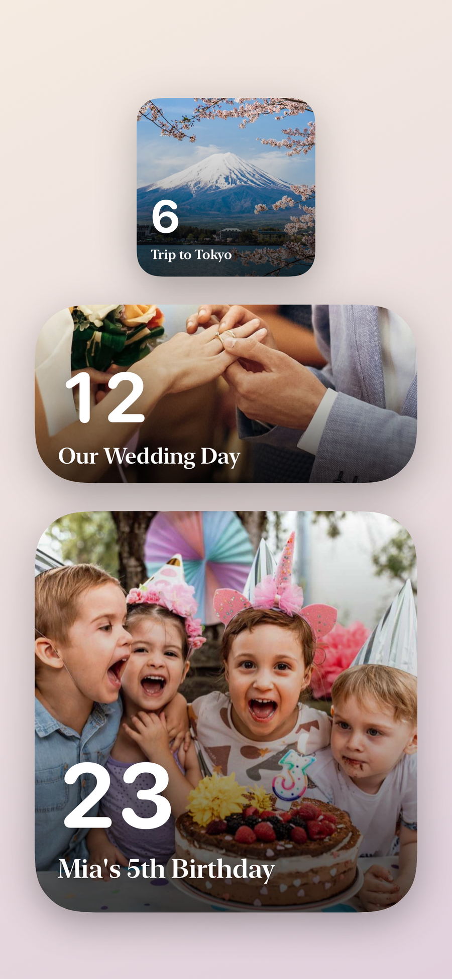Widget-Galerie von Soon. mit Countdown-Widgets in mehreren Größen