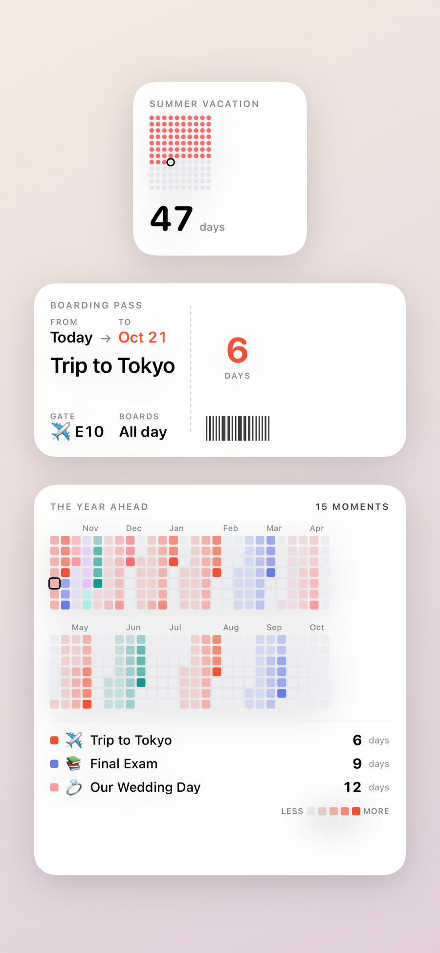 Info-Widgets von Soon. mit Kalender und Ereignisliste