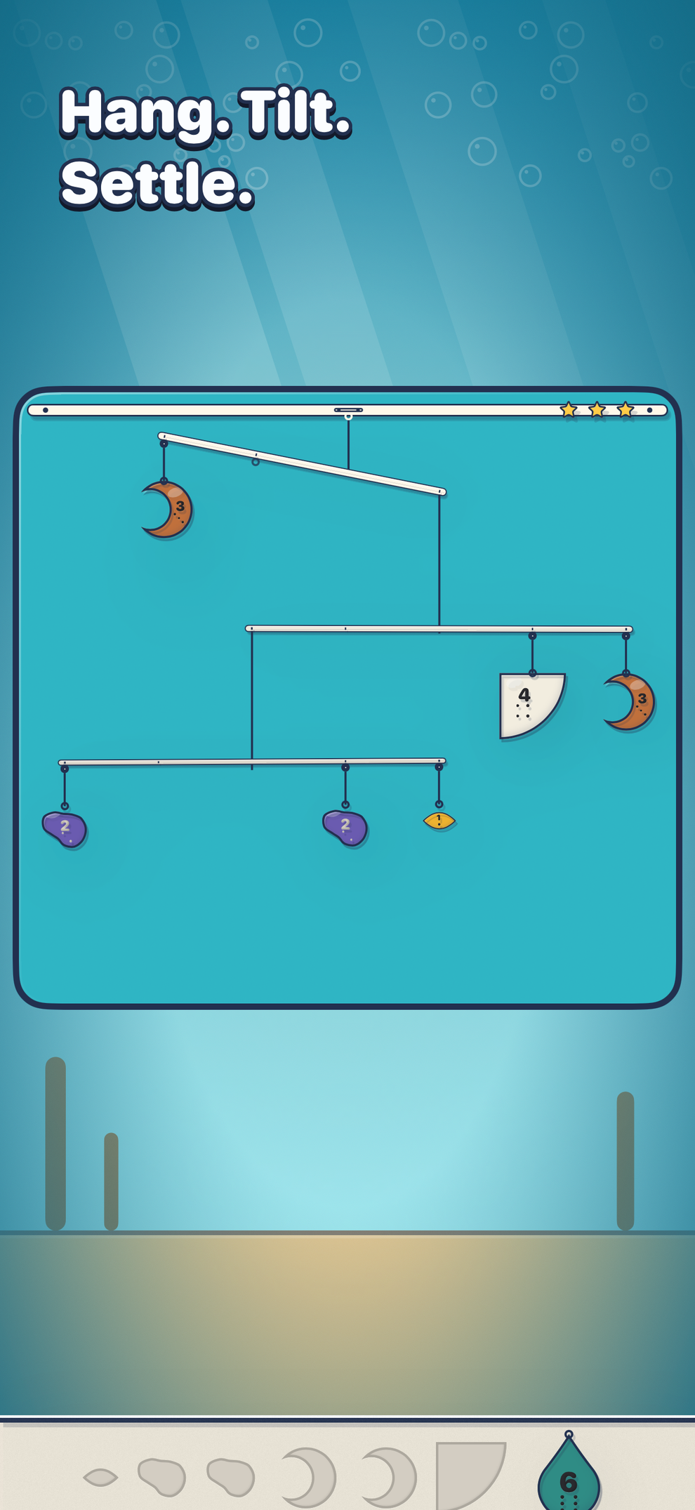 Deep Sea: the top beam leans until the pieces on the shelf below find the right hooks, then the whole mobile settles.