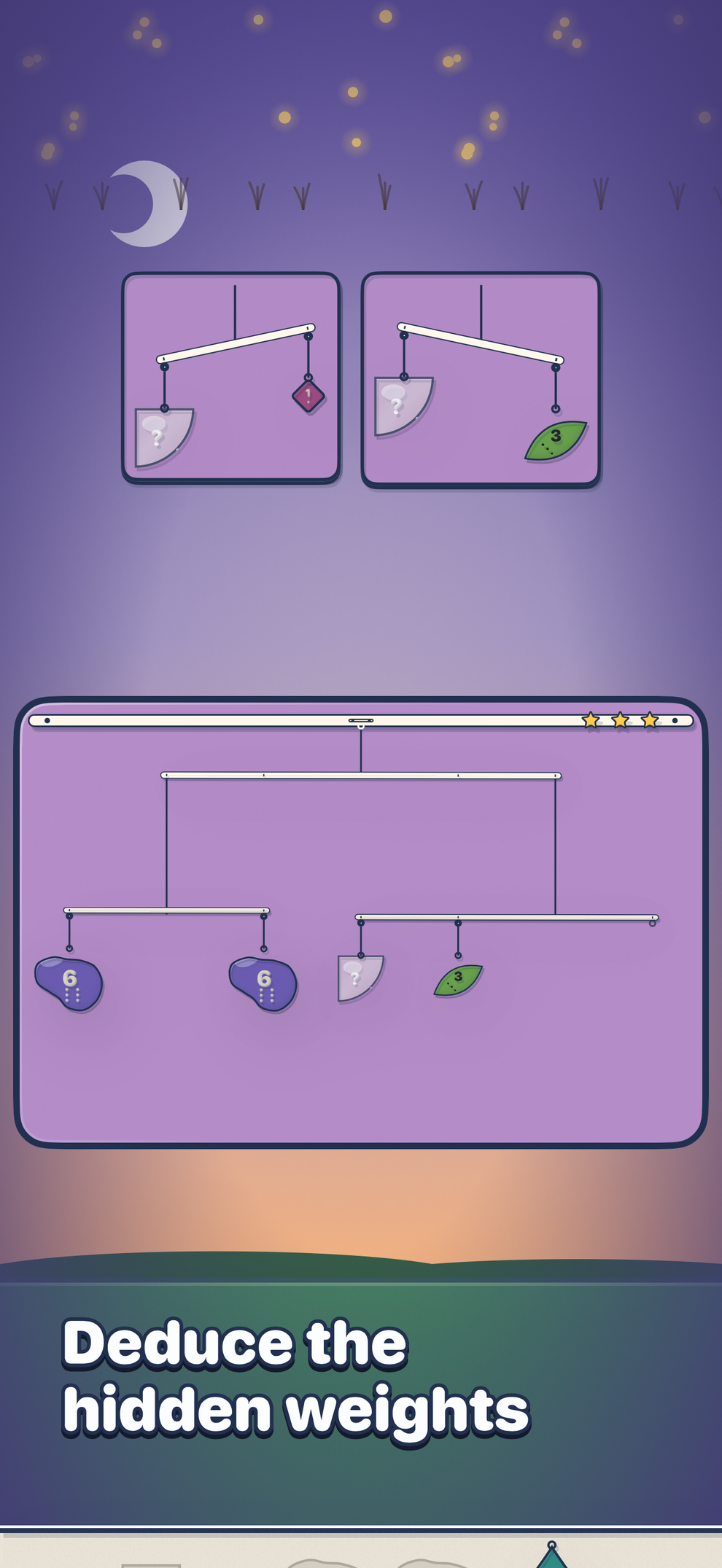 Twilight Meadow: two picture cards above the board show how the hidden “?” piece compares. Read them to work out what it weighs.