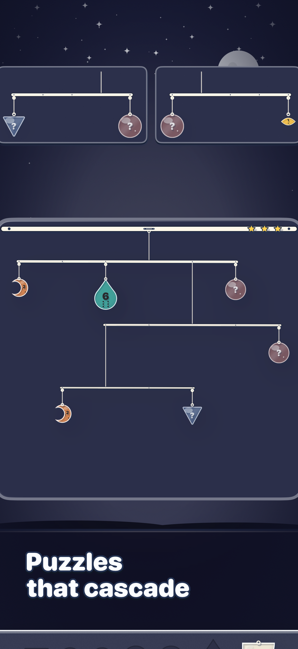 Evening Stars: a cascading mobile with three hidden weights, and two cards to deduce them from.