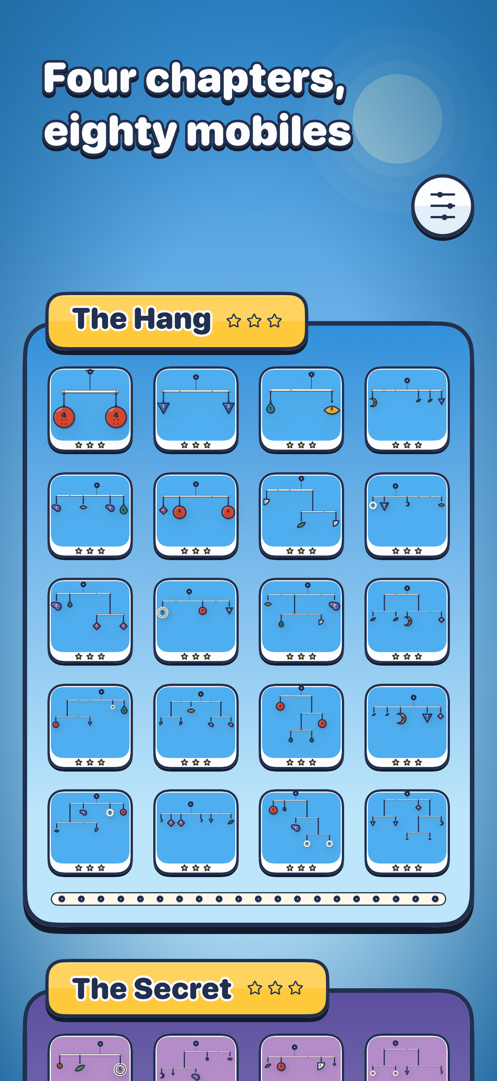 The chapter wall: four chapters of twenty mobiles, each in its own world, with the stars you earned under every level.