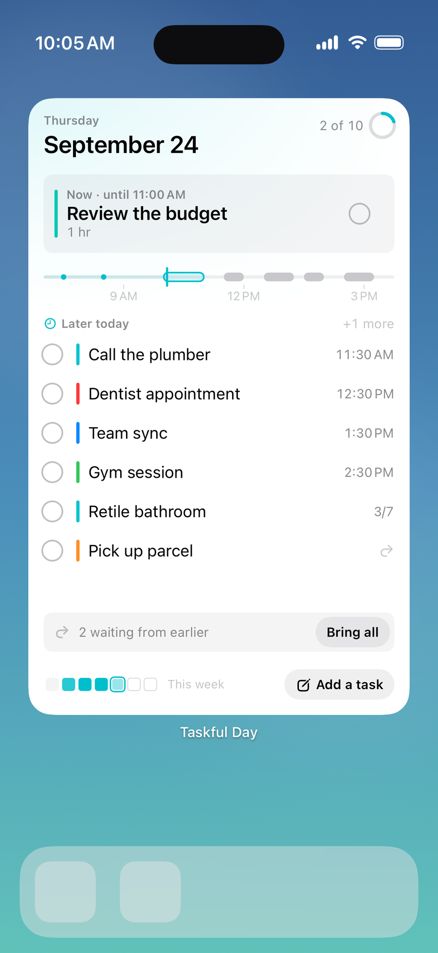 Ganzseitiges Widget von Taskful Day mit den nächsten Aufgaben