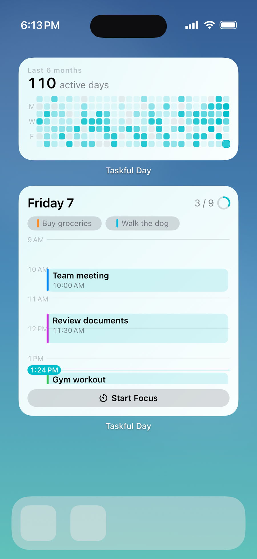 Heatmap-Widget von Taskful Day mit aktiven Tagen und einer Liste für heute