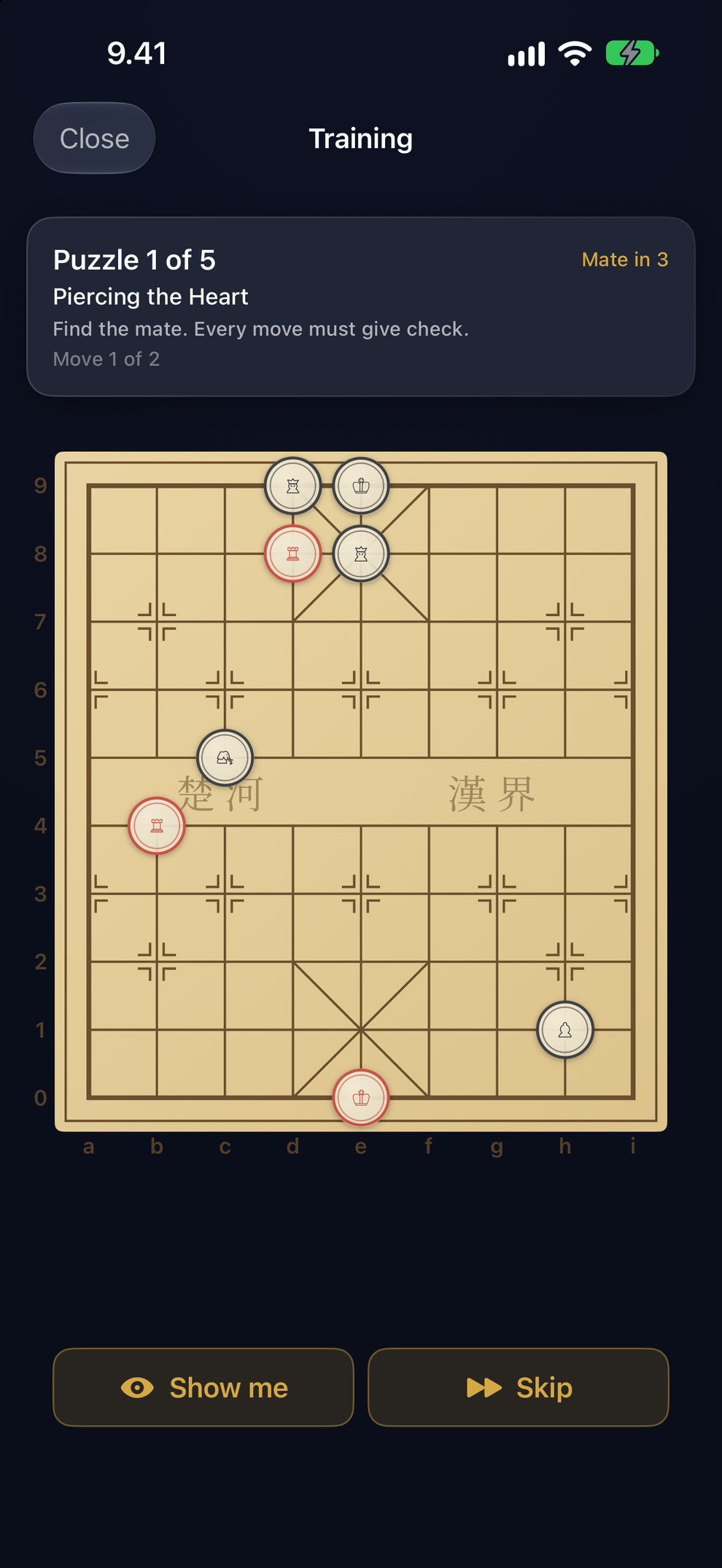 A mate problem in progress: Piercing the Heart, mate in 3, where every move must give check.