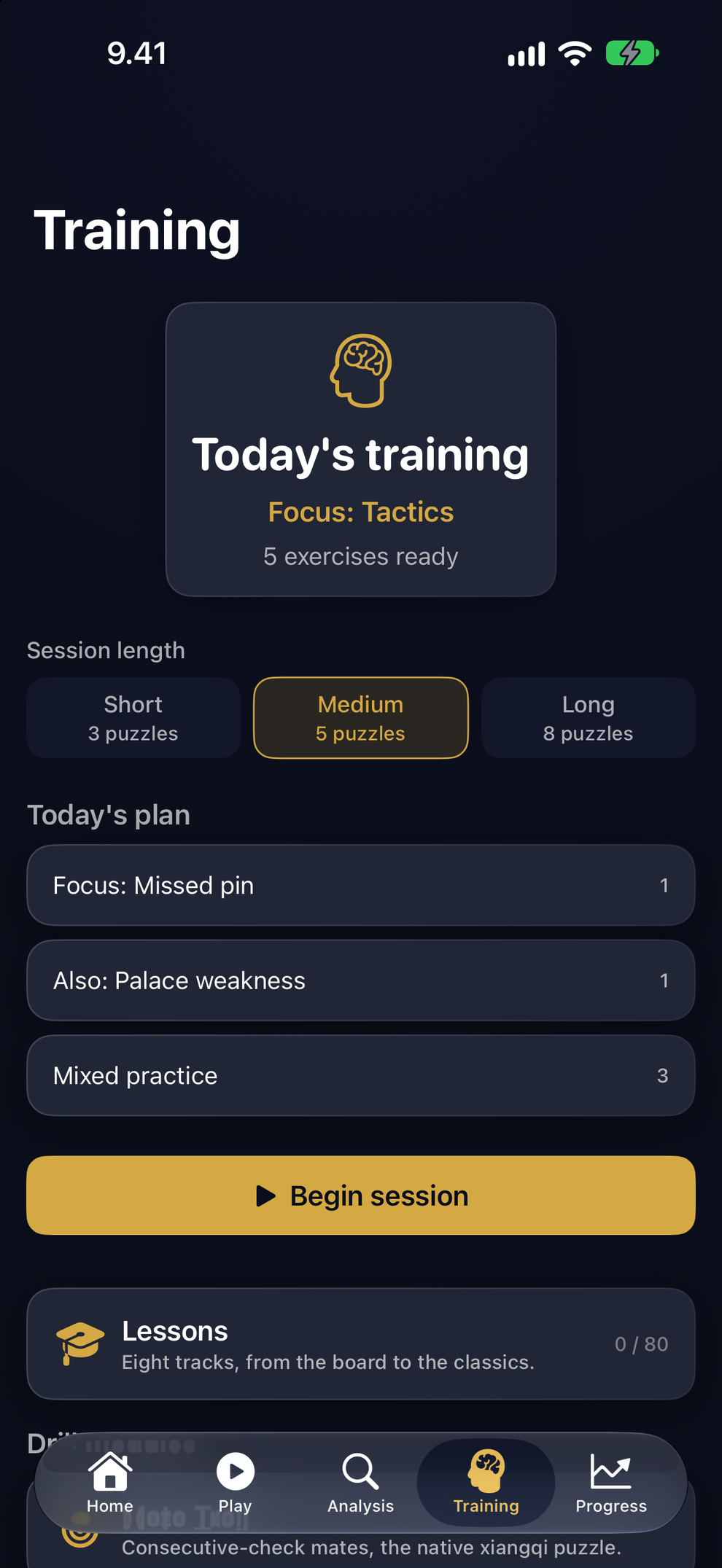 Today's training: a session built from your own mistakes — a missed pin, a palace weakness, then mixed practice.