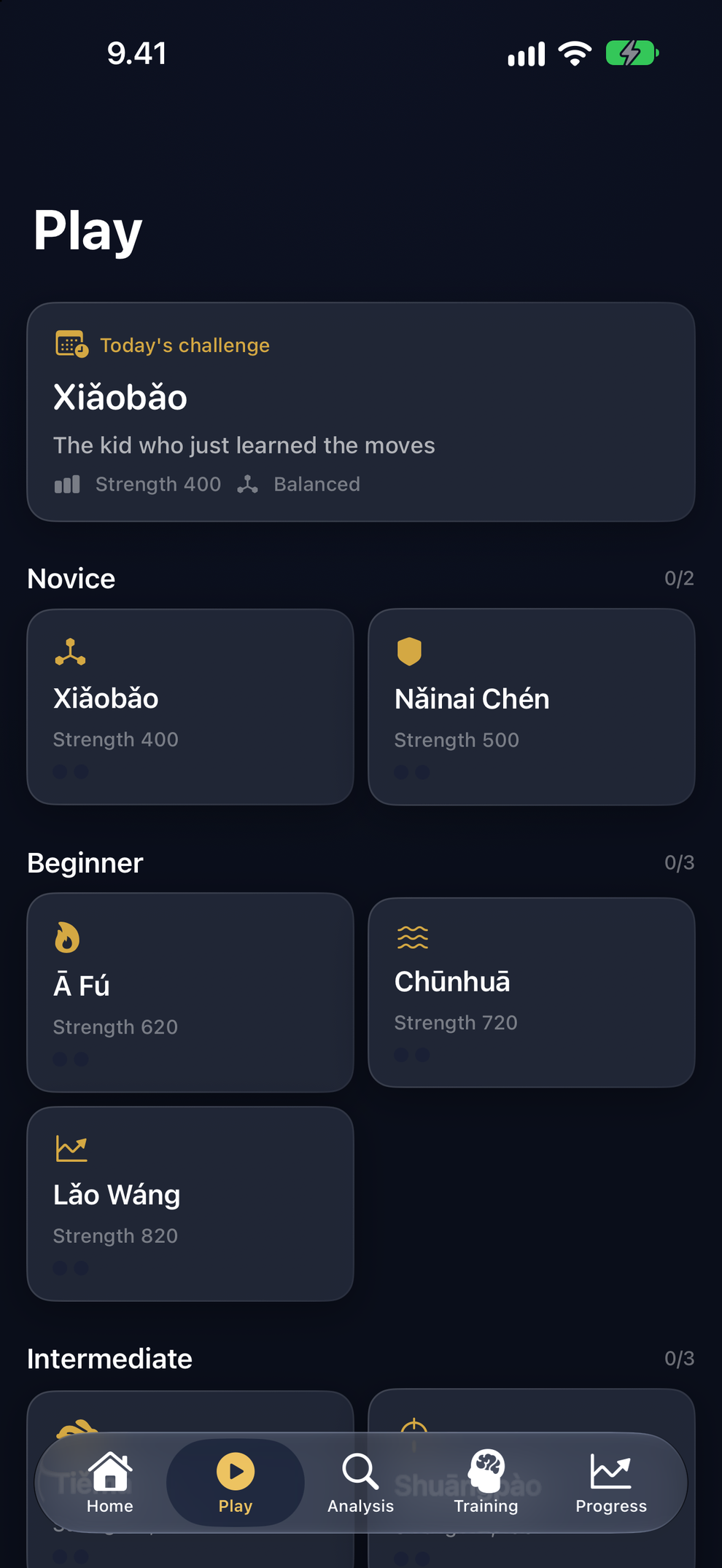 The ten opponents, by tier — from Xiǎobǎo, the kid who just learned the moves, upward. Beat one twice and the next sits down.